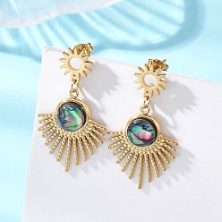 Золотой Серьги-гвоздики с подвесками из ракушек пауа, С 304 результатами из нержавеющей стали, вентилятор, золотые, 38x20.5 мм