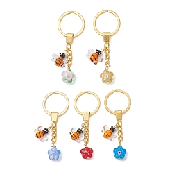 Mixed Color Handmade Lampwork Bee and  Flower Keychains, with Golden Iron Split Key Rings, Mixed Color, 82mm