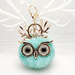 Голубой Брелок из шерсти, со сплавочной фурнитурой, помпоновый шар с совой, голубой, 8 см