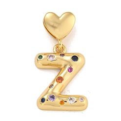 Letter Z Латунные микро-паве красочные кубические циркониевые подвески, подвески в виде сердечек, реальный 18 k позолоченный, Письмо Z, 30.5 мм, отверстие : 6x3 мм, Кулон : 21.5x15.5x4 мм