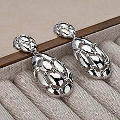 Real Platinum Plated Retro Hollow Oval Drawbench Brass Dangle Stud Earrings for Women, Real Platinum Plated, 52x19mm