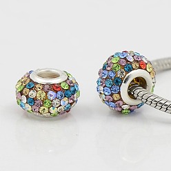 Разноцветный Класс горный хрусталь Европейский бисером, бусины с большим отверстием, cmола, с латунным сердечником с серебряным покрытием, рондель, красочный, 12x8 мм, отверстие : 4 мм