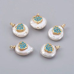 Темно-Голубой Подвески из натурального пресноводного жемчуга, с кубического циркония и латуни выводов, долговечный, реальный 18 k позолоченный, сердце, глубокое синее небо, 14~21x9~16x5~9 мм, отверстие : 1.5 мм