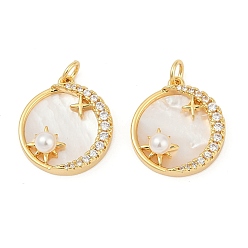 Настоящее золото 18K Латунные микро проложить кубического циркония подвески, плоский круглый со звездными подвесками, с ракушкой и жемчужиной из АБС-пластика, без кадмия и без свинца, прочное покрытие, стойки покрытие, реальный 18 k позолоченный, 19x17x4.5 мм, отверстие : 3.5 мм