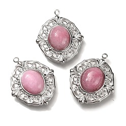 Розовый Кварц Природного розового кварца подвески, 304 из нержавеющей стали овальные амулеты, цвет нержавеющей стали, 24x20x5.5 мм, отверстие : 1.5 мм