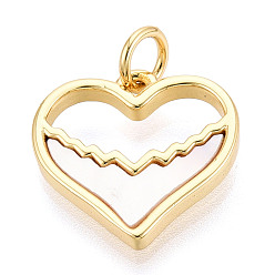 Настоящее золото 18K Подвески в форме сердца из латуни и натуральной ракушки, с прыжковых колец, цвет морской раковины, реальный 18 k позолоченный, 14.5x15x2 мм, отверстие : 3 мм