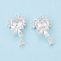 Посеребрённый Подвески из латуни с микро-паве ко Дню святого Валентина, прозрачные циркониевые подвески, сердечко с подвесками-бантиками, 925 серебро покрытием, 27x15x5 мм, отверстие : 1.6 мм