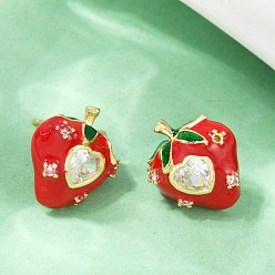 Клубника Серьги-гвоздики из латунного микро-паве, с эмалью, стойки покрытие, прочное покрытие, без кадмия и без свинца, реальный 18 k позолоченный, клубника, 15.5x13.5 мм