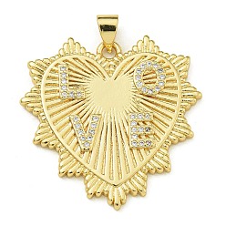 Настоящее золото 18K Покрытие стойки латунь микропаве прозрачные подвески из кубического циркония, долговечный, без свинца и без кадмия, сердце любовное письмо, реальный 18 k позолоченный, 30x30x2.5 мм, отверстие : 4x3.5 мм