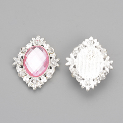 Pearl Pink Alloy Rhinestone Flat Back Cabochons, with Acrylic Rhinestone, Oval, Silver Color Plated, Pearl Pink, 32x25x4.5mm