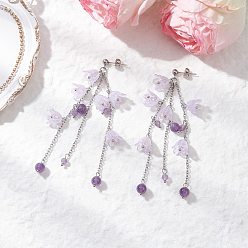 Сливовый Серьги-гвоздики с кисточками из акрила, с естественным аметист, платина, слива, 89 мм