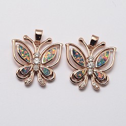 Rose Gold Brass Micro Pave Cubic Zirconia Pendants, with Synthetic Opal, Butterfly, Cadmium Free & Lead Free, Rose Gold, 24x23x4mm, Hole: 3x5mm