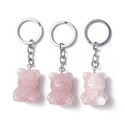 Rose Quartz Natural Rose Quartz Pendant Keychains, with Iron Keychain Clasps, Bear, 8cm
