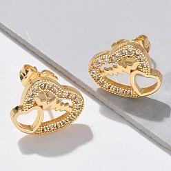 Настоящее золото 18K Серьги-гвоздики в форме сердца ко Дню святого Валентина из латуни с микропаве из прозрачных кубических цирконий, долговечный, реальный 18 k позолоченный, 11.5x12.5 мм