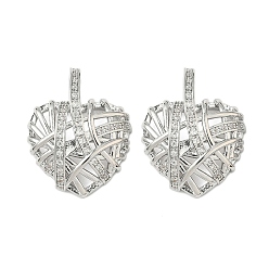 Платина Латунные микропаве прозрачные подвески с фианитом, без кадмия и без свинца, сердце, платина, 25x20x6.5 мм, отверстие : 3.5x4.5 мм