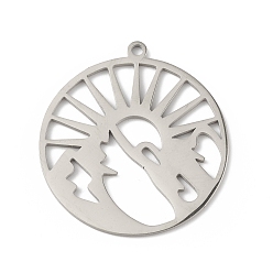 Stainless Steel Color Non-Tarnish 201 Stainless Steel Pendants, Flat Round with Sun & Mountain Charm, Stainless Steel Color, 27x25x0.9mm, Hole: 1.4mm