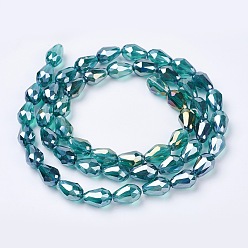 Cyan Electroplate Glass Beads Strands, AB Color Plated, Faceted Teardrop, Cyan, 15x10mm, Hole: 1mm, 50pcs/strand, 27.1 inch