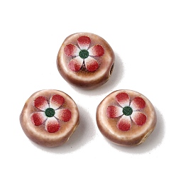 Chameau Perles plates rondes en porcelaine à motif floral faites à la main, Perles en céramique vintage à motif de fleur rouge à cinq pétales, chameau, 11~12x7mm