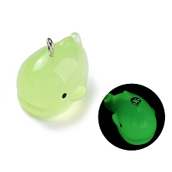 Желто-Зеленый Светящиеся подвески смолы, с железной петлей, рыба, желто-зеленый, 28x16.5x19 мм, отверстие : 2 мм