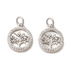 Real Platinum Plated Brass Micro Pave Cubic Zirconia Pendants, with Shell, Flat Round with Tree, Real Platinum Plated, 14x12x3mm, Hole: 3mm
