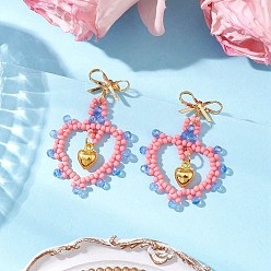 Pink Стеклянные бусины висят серьги, с латунными серьгами, бантом с сердцем, золотые, розовые, 41x29 мм