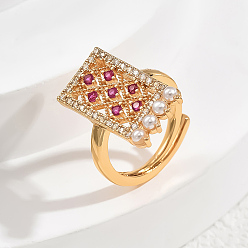 Красный Регулируемые кольца для женщин с микропаве из кубического циркония и жемчугом из латуни, прямоугольные, красные, 20x11 мм, внутренний диаметр: регулируемый