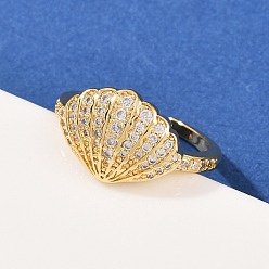 Настоящее золото 18K Манжеты из латуни с микро паве кубический цирконий для женщин, формы раковины, долговечный, стойки покрытие, реальный 18 k позолоченный, внутренний диаметр: регулируемый, 12 мм