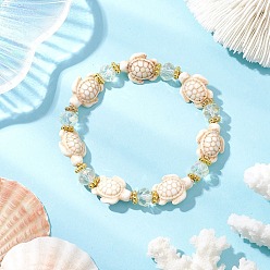 Turtle Синтетические бирюзовые бусины эластичные браслеты для женщин, с гальваническим стеклом и шариками из сплава, черепаха, внутренний диаметр: 2-1/8~2-3/8 дюйм (5.4~6.1 см), бусина : 17.5x14x6.5 mm