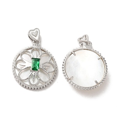 Платина Латунные изумрудные подвески со стразами, плоские круглые подвески с натуральной оболочкой, платина, 21x18x6.4 мм, отверстия : 1.4x3.5 mm и 1.8x1.8 мм