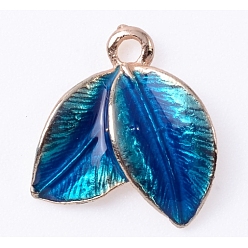 Cornflower Blue Alloy Enamel Pendants, Light Gold, Leaf, Cornflower Blue, 14.5x14x2mm, Hole: 1.5mm