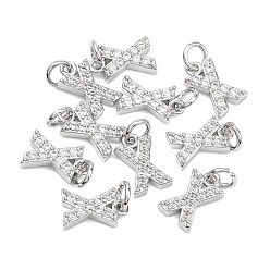 Letter X Colgantes Shegrace de latón con microengaste de circonitas cúbicas transparentes, sin níquel, 925 chapado en plata de ley, amuletos de la letra x, 11.5x7x2.5 mm, anillo de salto: 5x1 mm, diámetro interior: 3 mm