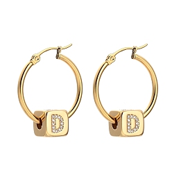 Letter D 304 Stainless Steel Hoop Earrings, with Brass Micro Pave Cubic Zirconia Beads, Cube with Letter, Golden, Letter.D, 29.5x24.5mm, Pin: 0.7x1mm