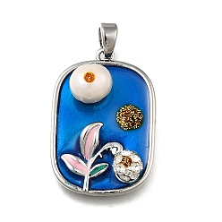 Платина Латунные подвески-прямоугольники с синей блестящей эмалью, подвески-цветы из натурального пресноводного жемчуга, с полимерной глиной горный хрусталь, платина, 24x16x7.5 мм, отверстие : 4.5x3 мм