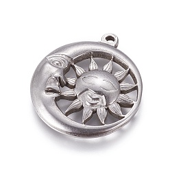 Stainless Steel Color Non-Tarnish 304 Stainless Steel Pendants, Moon with Sun, Stainless Steel Color, 29x26x4mm, Hole: 1.6mm