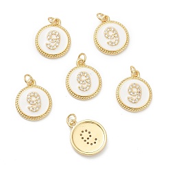 Number Латунные микропаве прозрачные кубические циркониевые подвески, долговечный, с прыжковыми кольцами и белой эмалью, плоские круглые с номером, реальный 18 k позолоченный, кол. 9, 14.5x12x2 мм, отверстие : 1.5 мм
