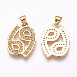 Golden Brass Micro Pave Cubic Zirconia Pendants, Number, Golden, 22x16x1.5mm, Hole: 3x4mm