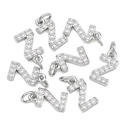 Letter Z Colgantes Shegrace de latón con microengaste de circonitas cúbicas transparentes, sin níquel, 925 chapado en plata de ley, dijes de la letra z, 12.5x6.5x2.5 mm, anillo de salto: 5x1 mm, diámetro interior: 3 mm
