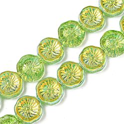 Зеленый лайм Полугальванизированная краска для запекания стеклянные бусины нити, плоский круглый с цветком, с покрытием AB цвета, зеленый лайм, 12x4 мм, отверстие : 1 мм, около 50 шт / нитка, 23.62'' (60 см)