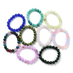 Mixed Color Dyed Natural Jade Beads Stretch Bracelets, Round, Mixed Color, Inner Diameter: 2-1/8 inch(5.4cm), Bead: 10mm