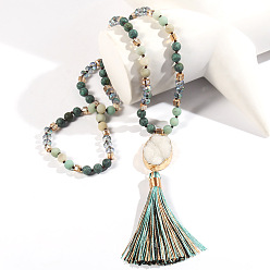 Темно-бирюзовый Ожерелья с подвеской-кисточкой из натурального богемского овального агата друзы, Длинные ожерелья из круглых бусин из натурального цветка амазонита для женщин, темные бирюзовый, 33.86~34.65 дюйм (86~88 см)