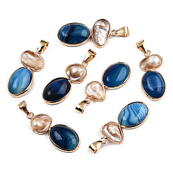 Marine Blue Natural Crackle Agate Pendants, with Natural Shells and Light Gold Plated Brass Findings, Dyed, Oval Charm, Marine Blue, 32~36x14.5~16.5x5~7.5mm, Hole: 4x6.5mm