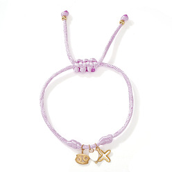 Лиловый 304 Браслеты из нержавеющей стали, латуни и натуральных ракушек с подвесками, плетеные браслеты из полиэфирного шнура для женщин, крест, сердце и созвездие, рак, сирень, 11.02 дюйм (28 см)