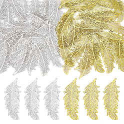 (52) Непрозрачная лаванда 50 шт. 2 цвета 201 филигранные подвески из нержавеющей стали, гравированные металлические украшения, очарование перьев, разноцветные, 47x18.5~19x0.2~0.3 мм, отверстие : 1.2 мм, 25 шт / цвет