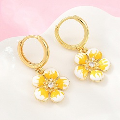 Gold Brass Micro Pave Cubic Zirconia Hoop Dangle Earrings, with Enamel, Flower, Lead Free & Cadmium Free, Rack Plating, Long-Lasting Plated, Real 18K Gold Plated, Gold, 30x15mm