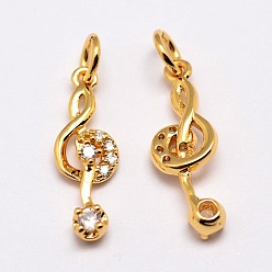 Real 18K Gold Plated Brass Pendants, Micro Pave Grade AAA Cubic Zirconia, Musical Note, Cadmium Free & Nickel Free & Lead Free, Real 18K Gold Plated, 18x6x3mm, Hole: 3mm