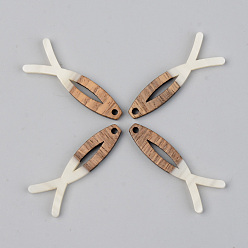 (404) Непрозрачное AB Кислое яблоко Подвески из непрозрачной смолы и ореха, Иисус рыбы, на Пасху, цветочный белый, 38x14x3 мм, отверстие : 2 мм