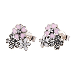 Antique Silver 925 Sterling Silver Enamel Stud Earrings, with Cubic Zirconia, with 925 Stamp, Flower, Antique Silver, 10x11mm