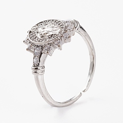 Платина Латунные кольца из манжеты с прозрачным цирконием, открытые кольца, долговечный, овальные с рисунками " virgin mary", платина, размер США 6 (16.5 мм)