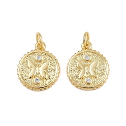 Настоящее золото 18K Латунные микро проложить кубического циркония подвески, с целью перехода в кольце, плоский круглый с подвесками в виде бабочек, стойки покрытие, долговечный, без свинца и без кадмия, реальный 18 k позолоченный, 15x12.5x2 мм, отверстие : 3 мм