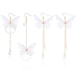 Золотой 2 пары 2 стильные тканевые бабочки с пластиковыми жемчужными бусинами висячие серьги, железные цепочки с кисточками, длинные серьги-подвески с железными булавками для женщин, золотые, 100~110 мм, штифты : 0.6 мм, 1 пара / стиль